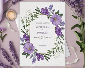 Elegant lavender floral wedding invitation, purple botanical canva template, editable digital download, printable custom wedding card 5x7