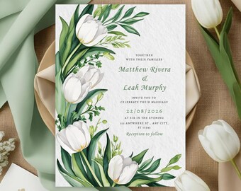 White tulip floral wedding invitation, elegant greenery canva template, editable digital download, printable modern wedding card 5x7