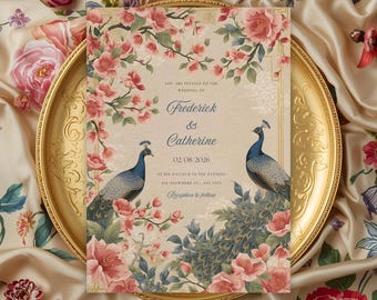 Asian inspired peacock wedding invitation, elegant oriental floral template, editable Canva download, printable wedding card 5x7
