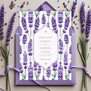 Lavender floral wedding invitation template, elegant purple canva design, editable digital download, printable custom wedding card 5x7