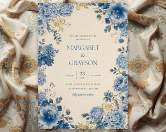 Blue Chinoiserie Wedding Invitation, Elegant Asian Floral Gold Template, Editable Canva Download, Printable Digital Wedding Card 5x7