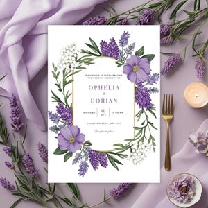 Invitación de boda floral lavanda / Plantilla editable en Canva / Descarga digital de 13x18 cm / Invitación botánica morada para una ceremonia elegante