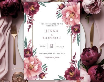 Burgundy floral wedding invitation, boho fall canva template, editable digital download, printable wedding card, rustic autumn design 5x7