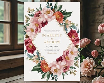 Elegant fall floral wedding invitation, burgundy blush canva template, editable digital download, printable custom wedding card, autumn 5x7