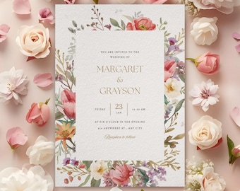 Elegant floral border wedding invitation, modern botanical canva template, editable printable 5x7 digital download, romantic floral design
