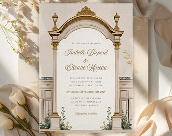 French Wedding Invitation Template, Paris Arch Wedding Invite, Editable Canva 5x7, Elegant Gold Cream Invitation, Instant Download