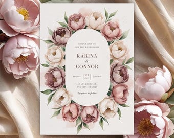 Blush and beige floral wedding invitation romantic peony canva template editable digital download printable custom wedding card 5x7