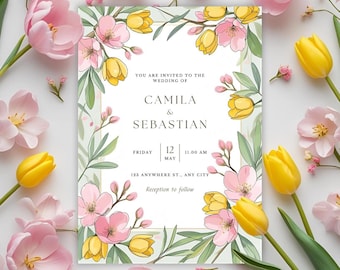 Spring floral wedding invitation, pink and yellow garden canva template, editable digital download, printable wedding card, romantic 5x7