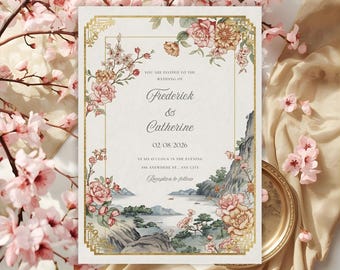 Asian inspired wedding invitation, elegant oriental floral landscape template, editable Canva download, printable digital wedding card 5x7