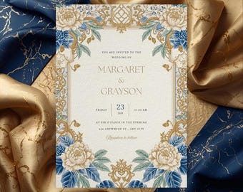 Blue and gold floral wedding invitation, elegant luxury canva template, royal printable wedding invite, editable digital download 5x7