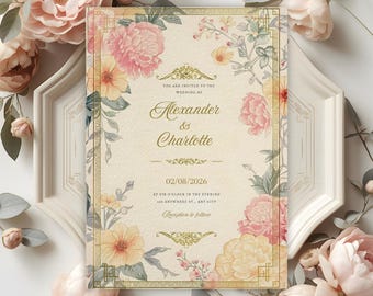 Asian Wedding Invitation Template 5x7, Chinese Inspired Floral Invite Editable Canva Template, Pink Gold Wedding Invitation Digital Download