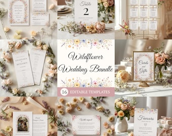 Wildflower Wedding Bundle, Editable Canva Wedding Templates, Floral Invitation Suite, Wedding Signs Bundle