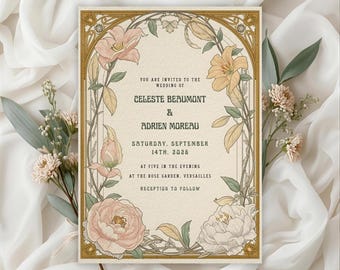 Art Nouveau floral wedding invitation, elegant romantic botanical flowers, editable Canva template, vintage printable wedding card 5x7