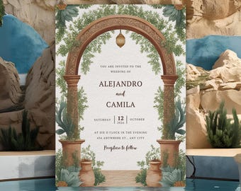 Mediterranean wedding invitation template, elegant Spanish Italian style, editable digital download, printable wedding card 5x7