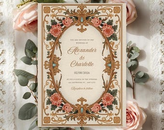 Victorian floral wedding invitation, elegant vintage baroque Canva template, editable digital download, printable classic wedding card 5x7