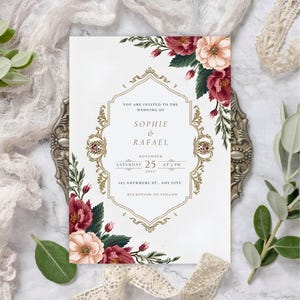 Elegante Blumen Hochzeitseinladung | Burgund & Gold | Bearbeitbare Canva Vorlage | 13x18cm | Sofortdownload