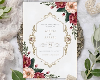 Burgundy and gold floral wedding invitation, elegant romantic canva template, editable digital download, printable wedding card 5x7