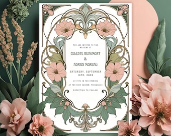 Art Nouveau floral wedding invitation, vintage botanical pink and green, elegant editable Canva template, printable wedding card 5x7