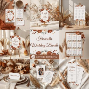 Puede incluir: Un conjunto de papelería de boda con temática de terracota, que incluye invitaciones, planos de asientos y señalización. Los diseños florales en tonos marrón y crema adornan las tarjetas. El texto "Terracotta Wedding Bundle" es visible.