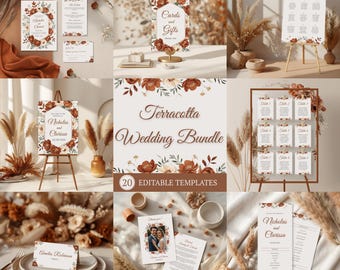 Boho Terracotta Wedding Bundle, Editable Canva Wedding Templates, Burnt Orange Invitation Suite & Wedding Signs