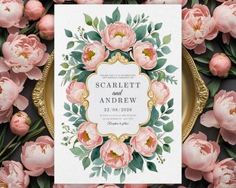 Elegant blush pink peony wedding invitation, gold frame canva template, editable digital download, printable custom wedding card 5x7