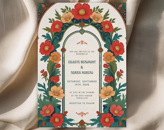 Art Nouveau wedding invitation template, elegant vintage floral canva card, editable digital download, printable wedding invite 5x7