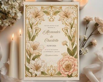 Art Nouveau floral wedding invitation, elegant vintage canva template, editable digital download, printable botanical wedding card 5x7