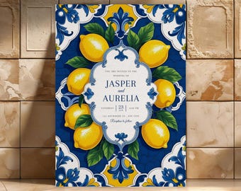 Italian lemon wedding invitation template, blue ceramic tile Amalfi Coast theme, editable printable digital download invite 5x7