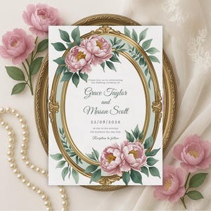 Elegante Blumen Hochzeitseinladung | Blush Rosa & Gold | Bearbeitbare Canva Vorlage | 5x7" | Sofortiger Download | Romantisches Pfingstrosen Design