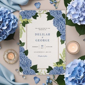 Blue Hydrangea wedding invitation template, elegant floral Canva design, editable digital download, printable dusty blue wedding card 5x7
