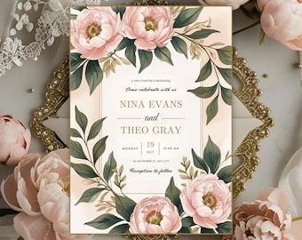 Blush boho floral wedding invitation greenery peony canva template editable digital download printable custom wedding card 5x7