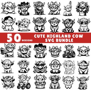 Highland Cow SVG Bundle, Highland Cow Svg for Shirt, Baby Highland With Flower Vector, Highland Cow Head Outline Png, Baby Cow Svg, Cow Png