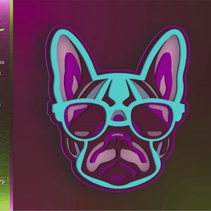 Archivo láser de bulldog francés, perro con gafas de sol SVG, corte en papel en capas, mascota DXF, arte animal, descarga instantánea, diseño de Cricut, manualidades CNC