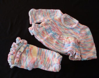 Hand knit girl's variegated ruffled top and pants
