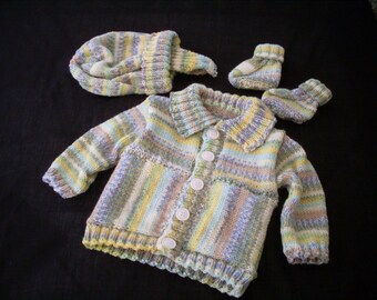 May include: A striped knitted baby cardigan with a button closure, a matching hat, and a pair of booties.