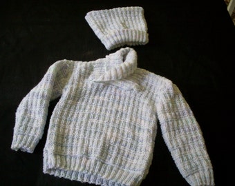 Hand knit boy's shawl collar pullover and hat