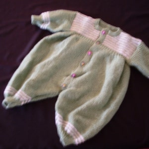 Hand Knit One piece boy&#39;s green and white striped outfit