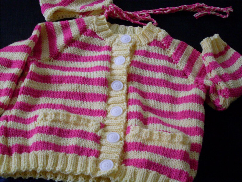 Hand knit baby girl/'s striped cardigan sweater and hat set