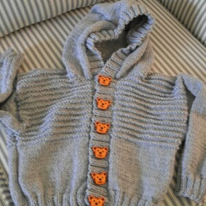 Hand knit boy gray flannel hoodie cardigan with bear buttons