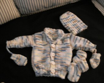 Hand knit boy's shawl collar sweater set