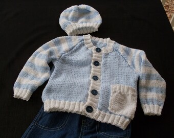 Hand knit baby boy's cardigan sweater and hat set