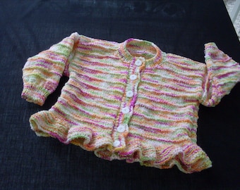 Hand knit girl's variegated peplum cardigan