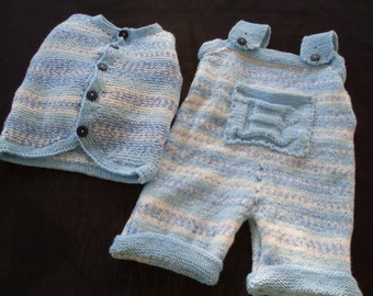 Hand knit baby boy dungaree and sweater set