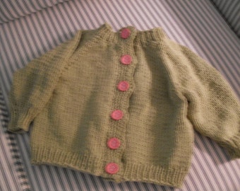 Hand knit baby girl Cactus Green cardigan