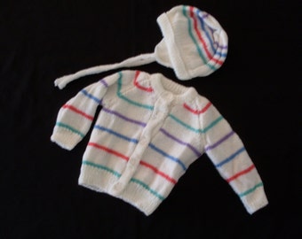 Hand knit girl's striped cardigan and hat with flaps and ties