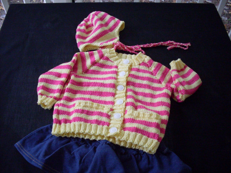 Hand knit baby girl/'s striped cardigan sweater and hat set