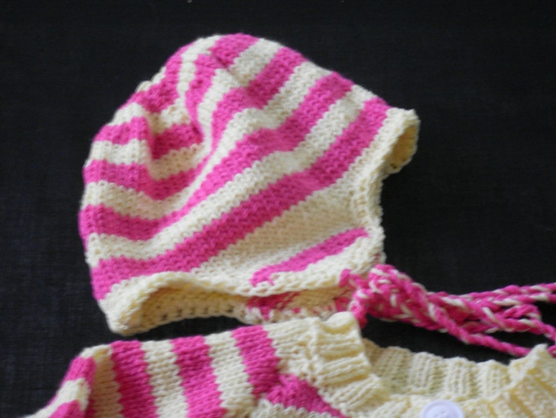 Hand knit baby girl/'s striped cardigan sweater and hat set