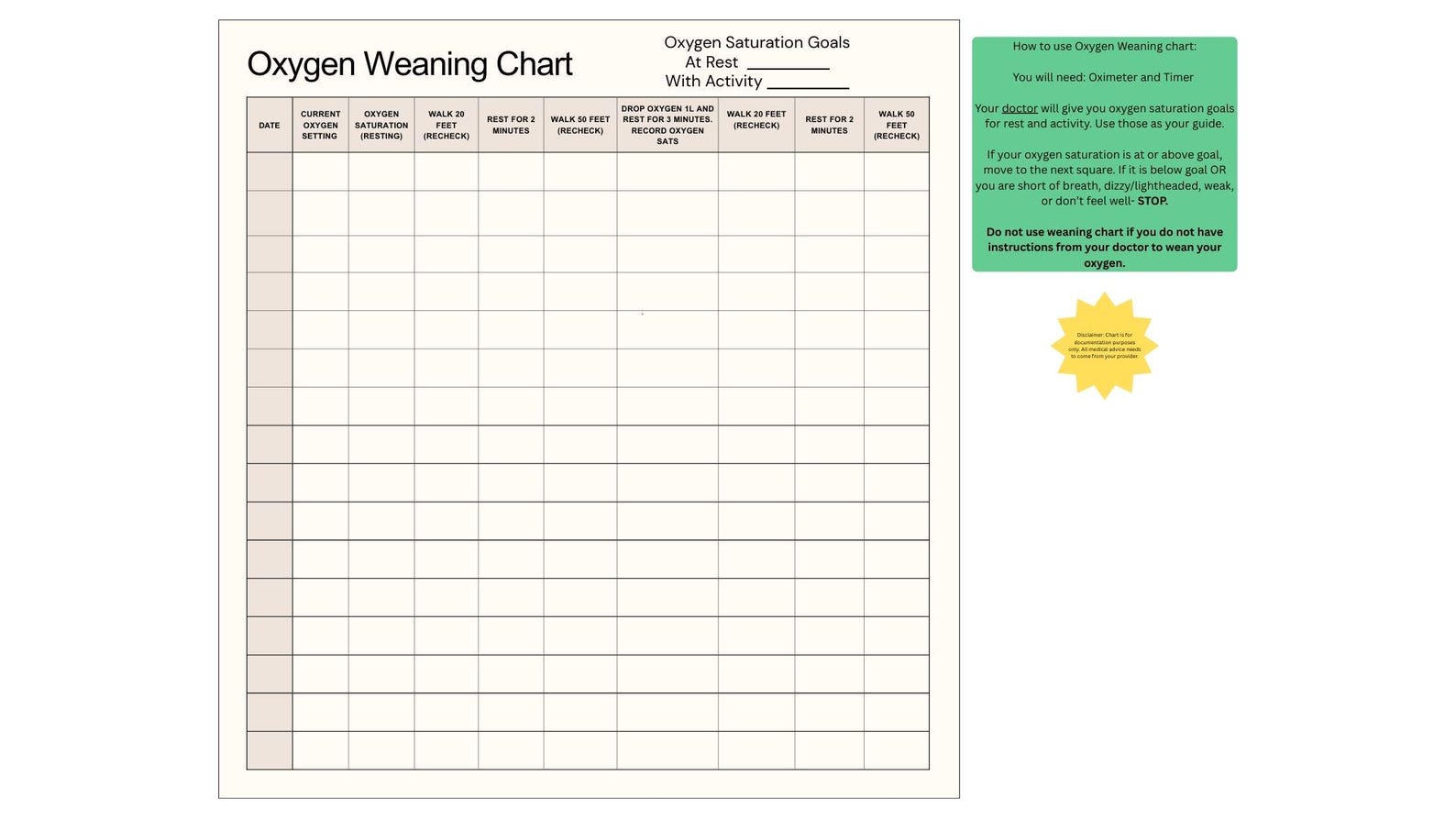 COPD Patient Education Printable – Oxygen Weaning Chart & Breathing ...