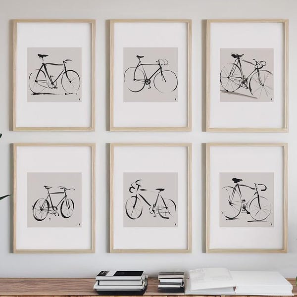 Láminas artísticas minimalistas de bicicletas: Decoración de pared de ciclismo moderno (6 descargas digitales)