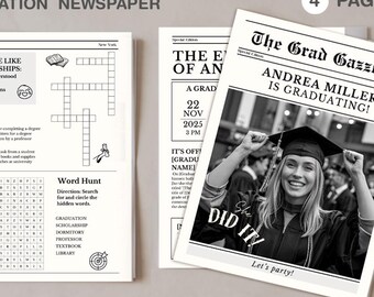 Graduation Newspaper Template with Crossword: Editable & Printable (Canva Template)
